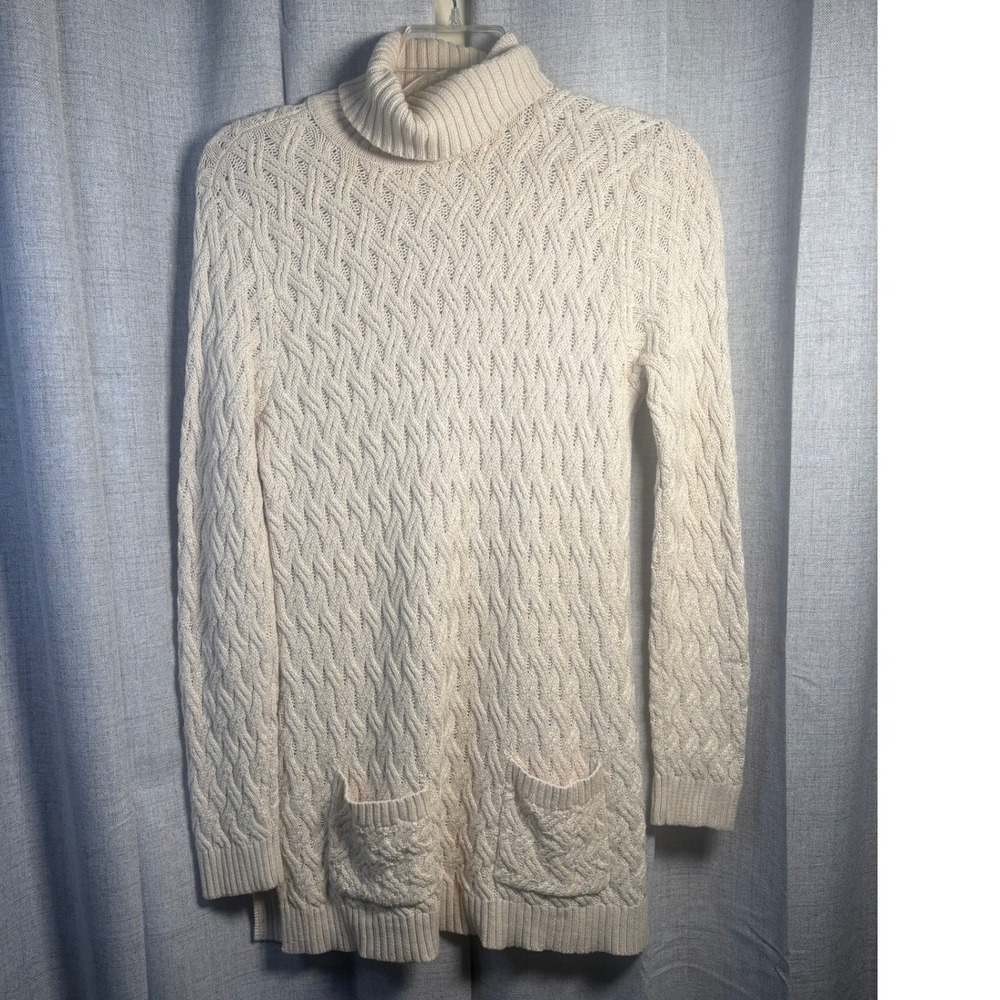 Jeanne Pierre Cream Cable Knit Turtleneck Sweater Tunic Cotton Ivory Large